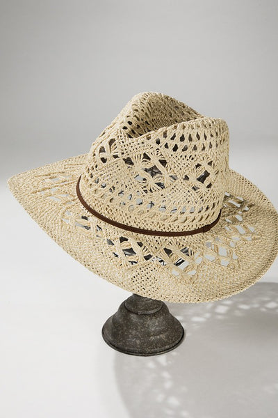 Natural Bohemian Handwoven Open Weave Faux Leather Banded Panama Summer Hat