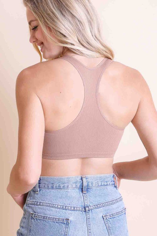 Solid Ribbed Racerback Stretchy Casual Low Cut Bralette
