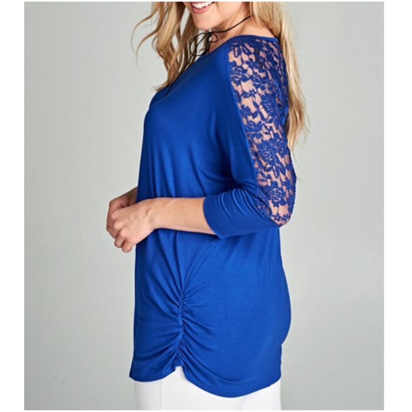 Plus Size Tunic Top Shirt Lace 3/4 Sleeve Casual Ruched Royal Blue