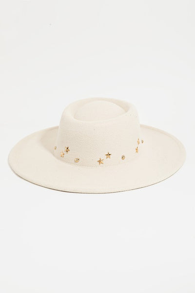 Ivory Gold Star Studded Fedora Western Bohemian Festival Hat