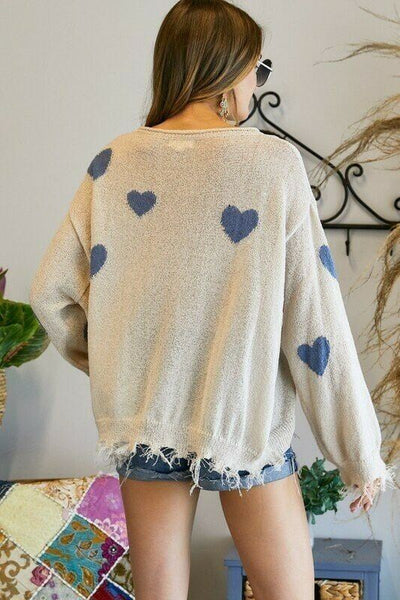 Khaki Blue Heart Valentines Day Distressed Frayed Hem Relaxed Knit Sweater