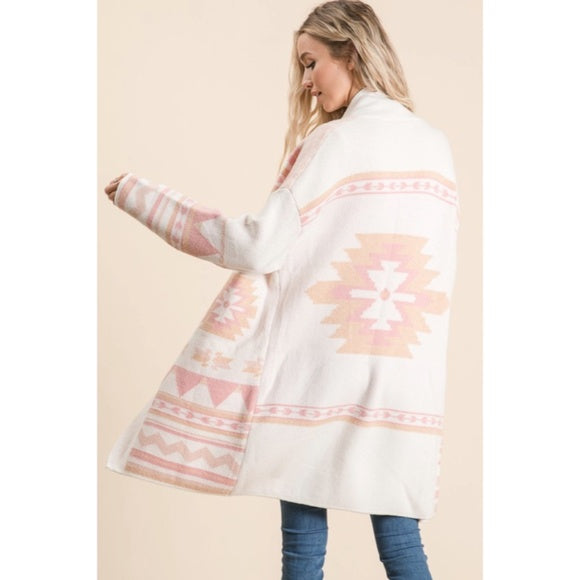 Ivory Pink Aztec Western Boho Print Blanket Cozy Knit Cardigan Sweater Women's