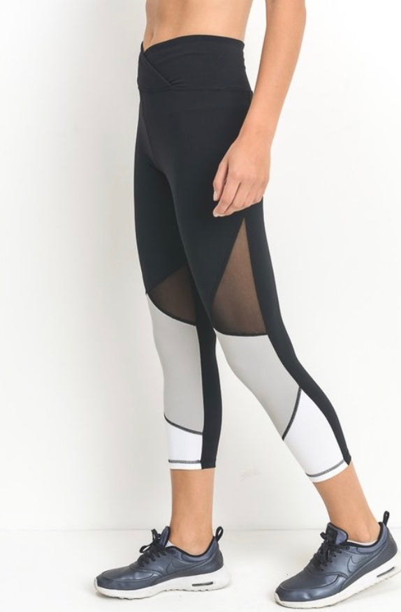 High Waist Capri Leggings Athletic Workout Color Block Mesh Pants S M L Black