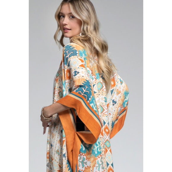 Navajo Ethnic Western Orange Turquoise Open Bohemian Coverup Kimono Wrap
