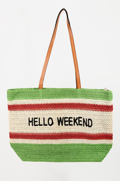 Green Hello Weekend Straw Braided Tote Bag