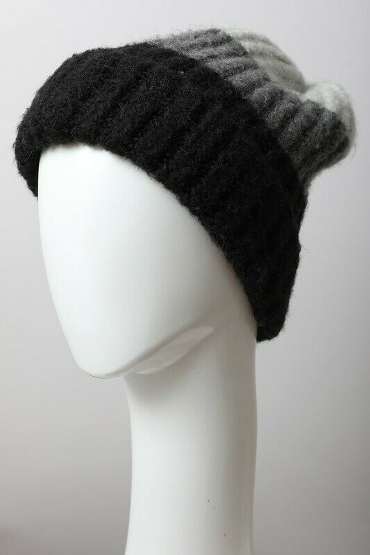 Gray Black White Colorblock Knit Beanie Hat Winter Womens