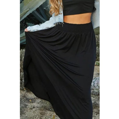 Black Smocked Waist Side Slit Pocket Maxi Skirt Casual Womens