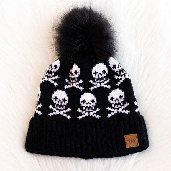 Black Knit Skull Skeleton Crossbones Faux Fur Fleece Lined Beanie Winter Hat