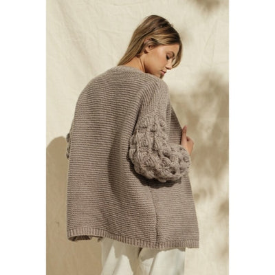 Khaki Pompom Sleeve Knit Open Cardigan Boho Sweater Casual Womens