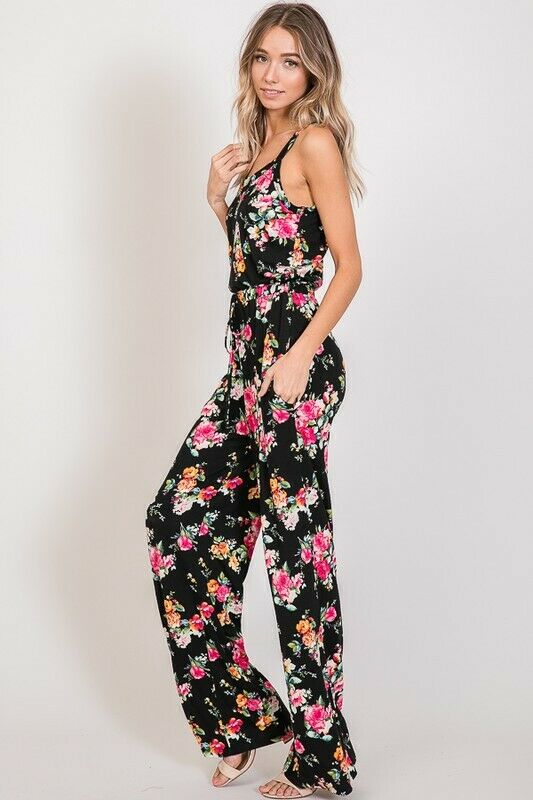 Soft Cami Style Bright Floral Jumpsuit Drawstring Pocket Womens Casual S M L