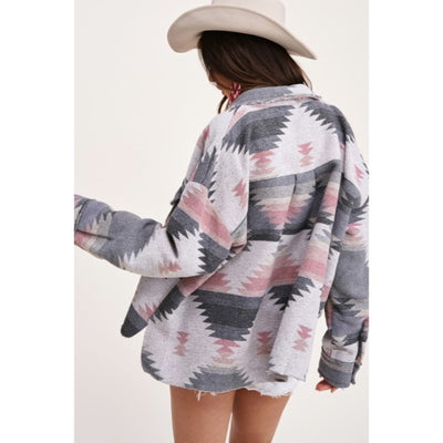 Pink Gray Eldora Aztec Tribal Distressed Western Shacket Shirt Jacket Button Up