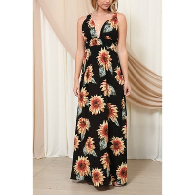 Black Sunflower Halter Double Strap Long Full Length Maxi Dress Spring Summer