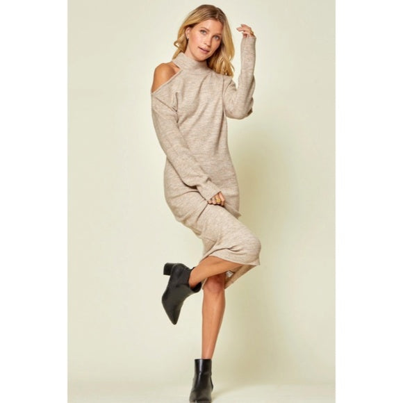 Oyster Cold Shoulder Knit Midi Sweater Stretchy Sexy Dress Womens