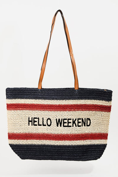 Navy Hello Weekend Straw Braided Tote Bag