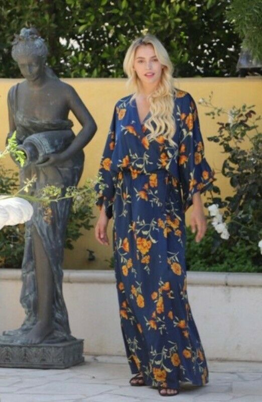 Navy Floral Kimono Tie Front Tassel Maxi Long Dress Womens Cocktail Party