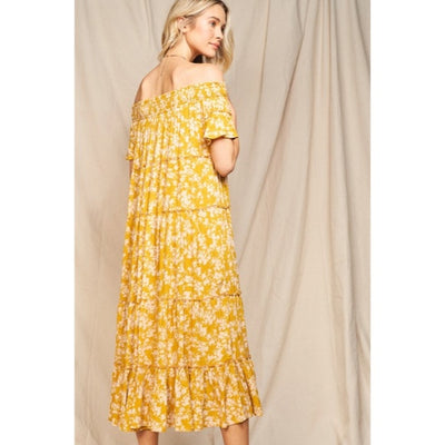 Moss Yellow Floral Flowly Bohemian Tiered Off The Shoulder Casual Midi Dress