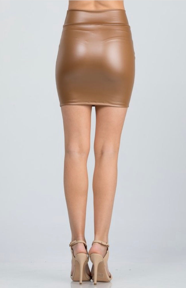 Caramel Faux Vegan Leather High Waist Mini Skirt Sexy Womens