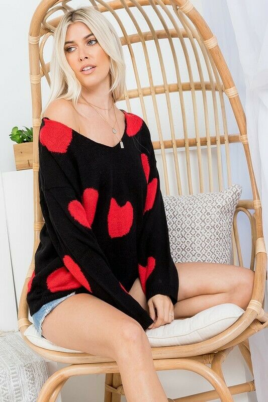 Black Red Multi Heart Knit V-Neck Valentines Day Long Sleeve Relaxed Sweater