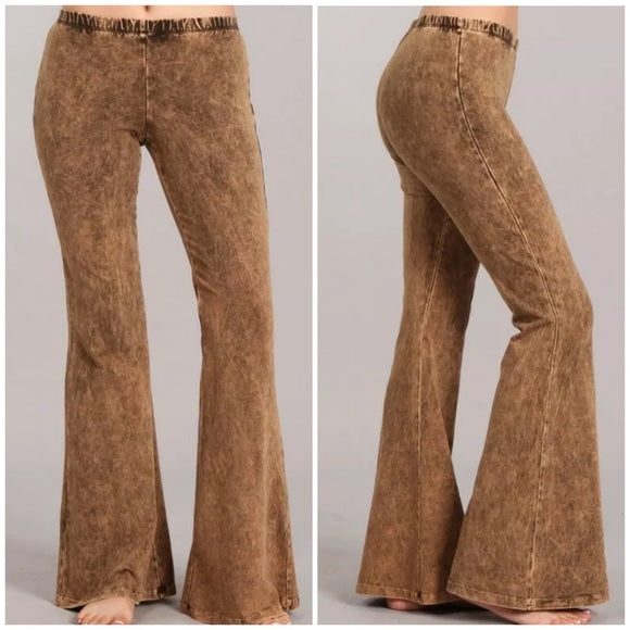 Chestnut Brown Boho Mineral Wash Flared Bell Bottom Stretch Pull On Pants Womens
