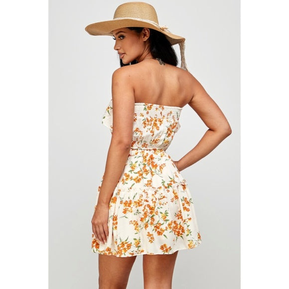 Cream Orange Floral Print Ruffle Trim Strapless Tube Casual Summer Mini Dress