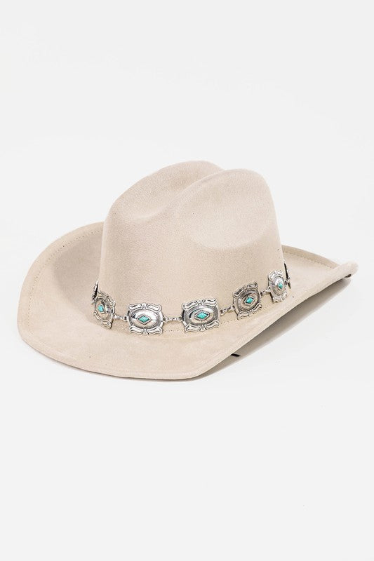 Cream Ivory Western Concho Chain Disc Fedora Women's Hat