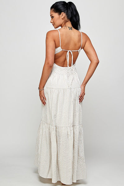 White & Beige Stripe Cross Backless Strap Ruffle Maxi Dress