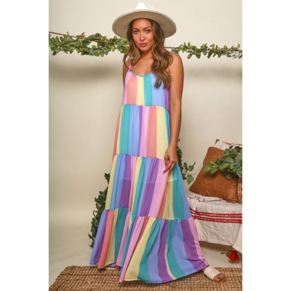 Rainbow Colorful Multi Color Bright Striped Tiered Tie Shoulder Maxi Dress