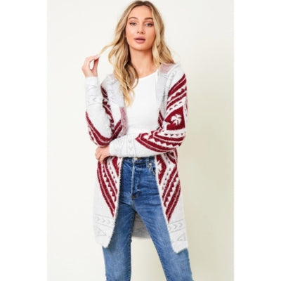 Wine Fuzzy Soft Knit Long Sleeve Aztec Tribal Native Western Cardigan Sweater
