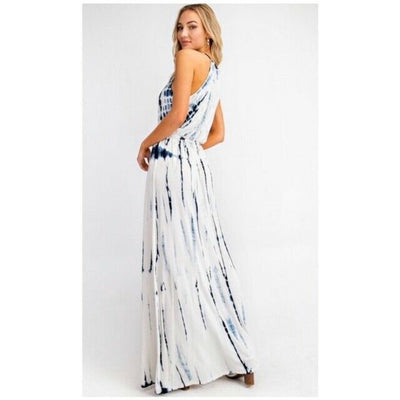 Boho White & Blue Tie Dye Summer Long Maxi Dress Casual Womens
