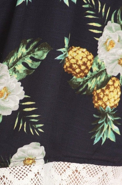 Plus Romper Tropical Pineapple Print Crochet Lace Navy Halter Casual