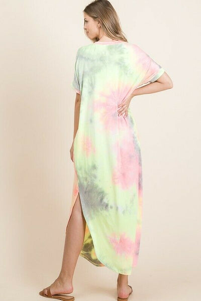Neon Tie Dye Colorful V-Neck Maxi Long Casual Womens Short Sleeve Dress