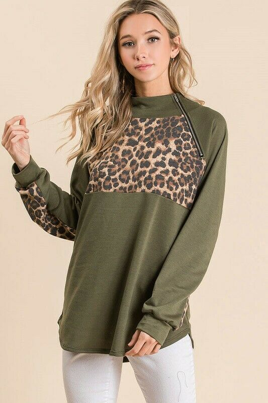 Olive Green Leopard Zipper French Terry Pullover Top Casual Womens