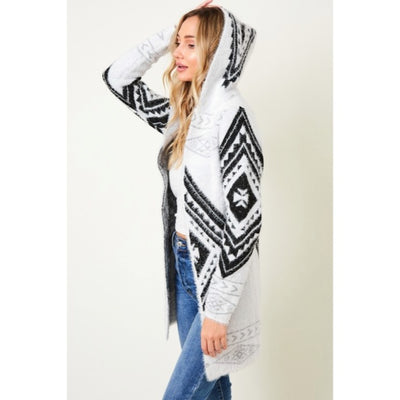 Fuzzy Soft Knit Hooded Long Sleeve Aztec Tribal Native Western Cardigan Sweater