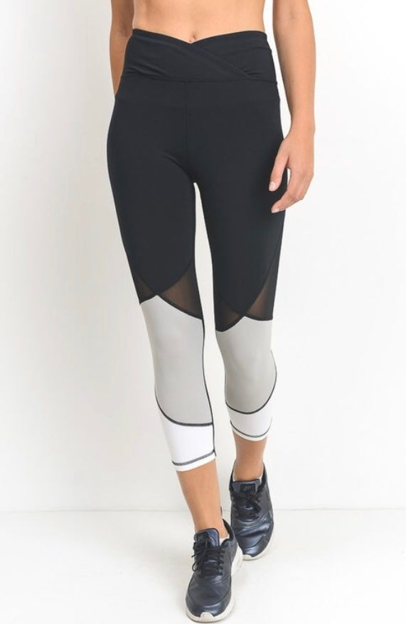 High Waist Capri Leggings Athletic Workout Color Block Mesh Pants S M L Black