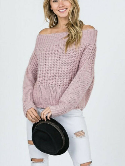 Blush Pink Off Shoulder Knit Long Sleeve Sweater Womens Casual
