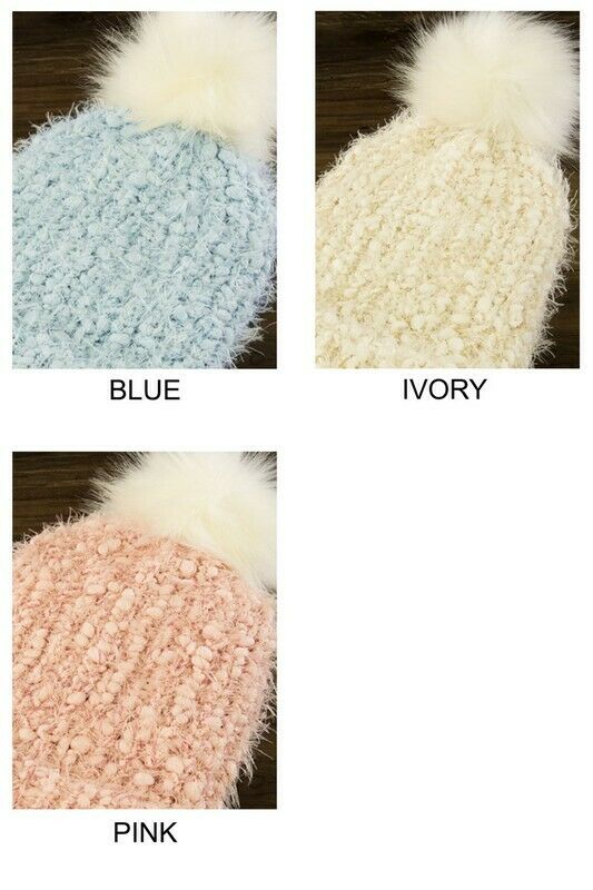 Light Pink Eyelash Knit Beanie Foldover Band Faux Fur Pom Pom Womens Winter Hat