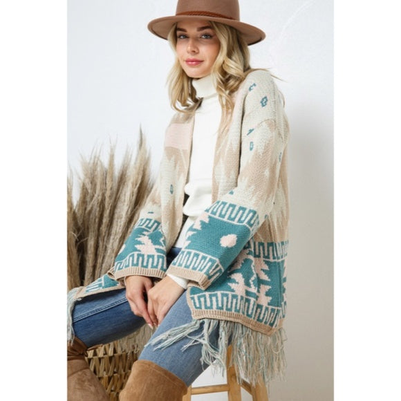 Taupe Teal Bell Sleeve Aztec Western Tribal Fringe Knit Boho Cardigan Sweater