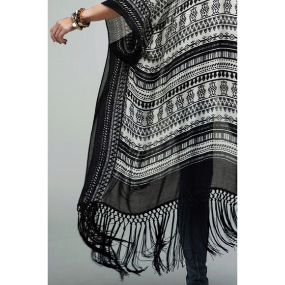 Black Ethnic Tribal Print Tassel Fringe Kimono Coverup Open Wrap Casual Women's