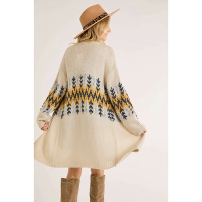 Ivory Mustard Tribal Pattern Puff Sleeve Knit Cardigan Sweater Fall Winter