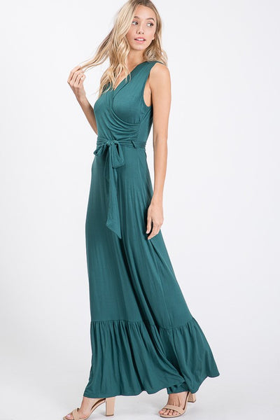 Hunter Green Faux Wrap Sleeveless Belted Casual Maxi Dress Womens