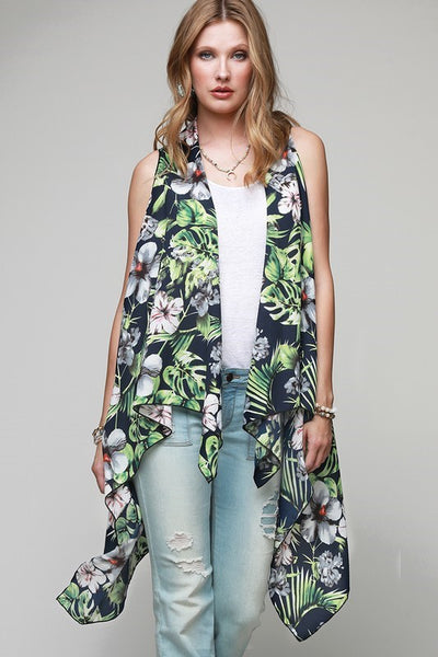 Navy Tropical Floral Leaf Handkerchief Vest Casual Top Womens One Size