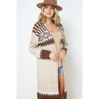 Taupe & Brown Aztec Tribal Western Boho Long Open Knit Cardigan Casual Sweater