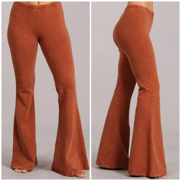 Sugar Almond Boho Mineral Wash Flared Bell Bottom Stretch Pull On Pants Womens