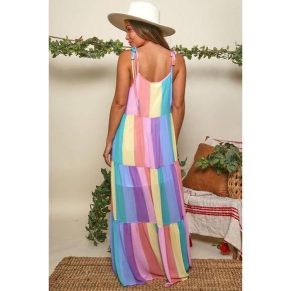Rainbow Colorful Multi Color Bright Striped Tiered Tie Shoulder Maxi Dress