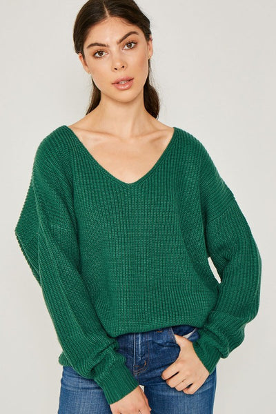 Hunter Green Twist Cross Back Sweater Oversize V Neck Winter Casual