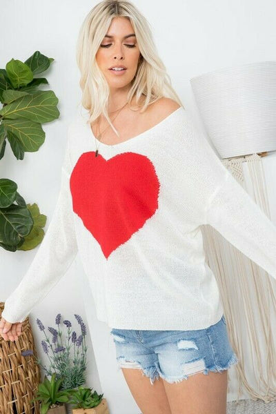 White Red Heart Knit V-Neck Valentines Day Long Sleeve Relaxed Sweater