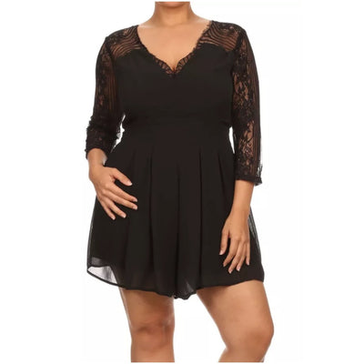 Plus Romper Lace Gauze 3/4 Sleeve Pleated Solid Mint Black Peach Sexy