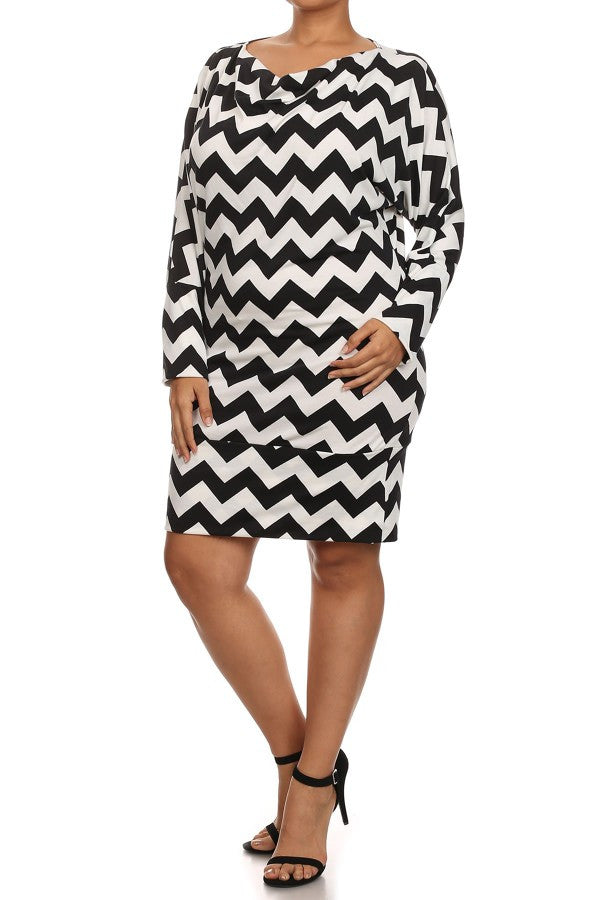 Dress Plus Chevron Black White Long Sleeve Cowl Neck Banded Hem Women Jersey Glam Dress Plus Chevron Black White Long Sleeve Cowl Neck Banded Hem Women Jersey Glam