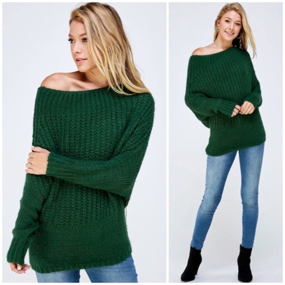 Hunter Green Soft Fuzzy Off The Shoulder Pullover Knit Holiday Casual Sweater