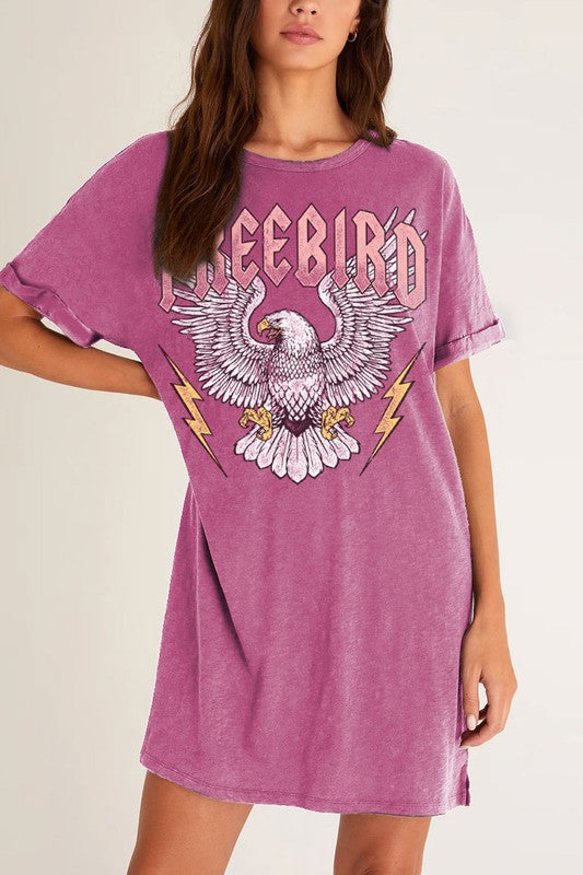 Freebird Eagle Graphic Magenta Mineral T-Shirt Tee Shirt Mini Relaxed Fit Dress